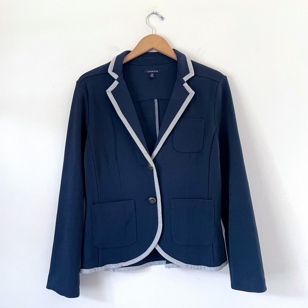 Lands End Navy Blue Knit Cardigan Blazer Jacket Sz 10 Preppy Academia Coastal
